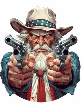 An angry Uncle Sam pointing two guns, on a plain white background, 4th of July, America, United States, patriotism, 2nd Amendment
