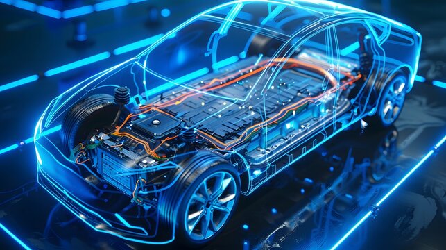 Solid-state battery pack design for electric vehicle (EV) concept, new research and development batteries with solid electrolyte energy storage for future car industry, 3d Illustration