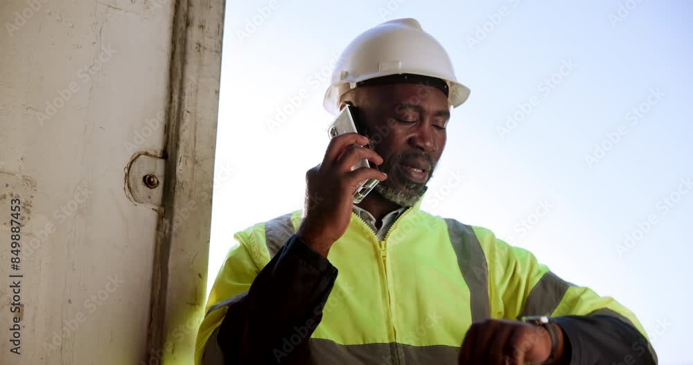Poster talking, contractor and phone call building site for communication, logistics and planning project. 