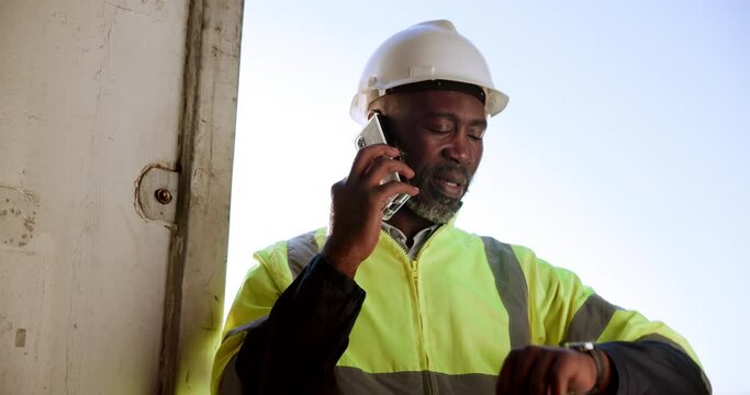 Talking, contractor and phone call building site for communication, logistics and planning project. Mobile tech, conversation and black man time check for progress update, schedule or inspection