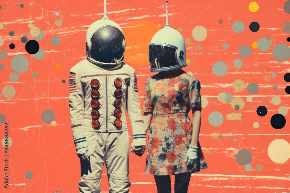 Poster Collage Retro dreamy astronaut couple in futuristic city adult togetherness standing.