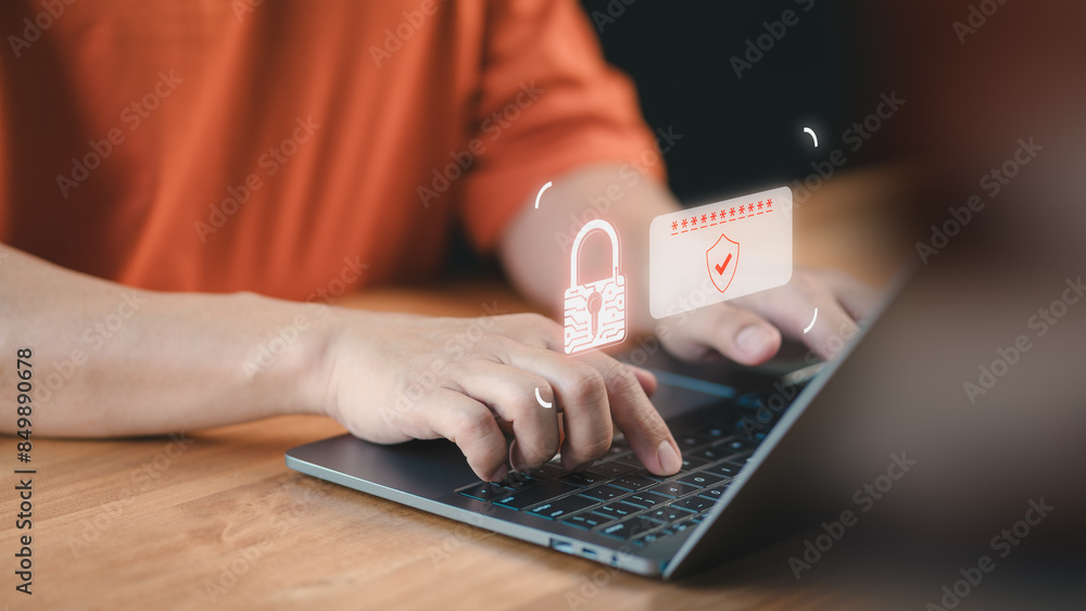 Poster Man use a laptop computer type the username and password. User privacy security and protect personal data internet network. Cyber ​​security and digital data protection technology concept.