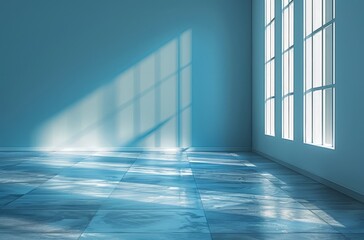 A blue and white room with sunlight coming through the windows.