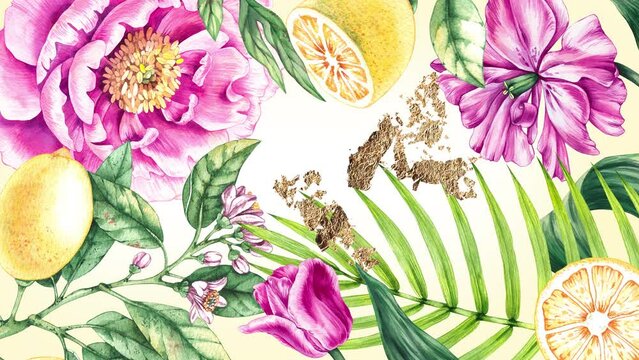 Watercolor floral background video with gold. Floral frame with lemons and tulips and peonies flowers. Blooming square frame with gradually emerging elements