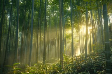 Fototapeta premium Sunlight Filtering Through Dense Bamboo Forest Creating a Serene and Mystical Atmosphere with Lush Greenery and Tall Bamboo Stalks