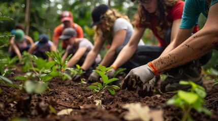 Fototapeta premium Group of Volunteers Planting Trees in a Forest, Engaging in Environmental Conservation and Reforestation Efforts, Hands in Soil, Teamwork and Community Service, Sustainable Development, Nature