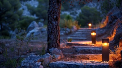Obraz premium Solarpowered outdoor lighting illuminating the pathways around the cabin at night guiding the way without relying on traditional electricity sources.