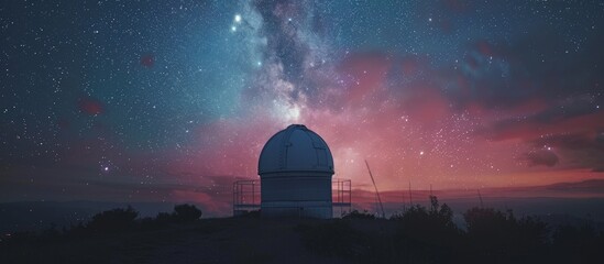 Obraz premium Stunning Night Sky with Milky Way Over Observatory Dome - Captivating Astronomy and Stargazing Scene