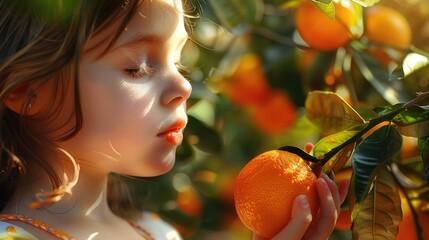 A young girl intimately engaging with the scent of a fresh citrus fruit in a sunlit grove. A young girl inhales the fresh scent of an orange amidst the warm glow of a citrus grove at sunset. AIG50