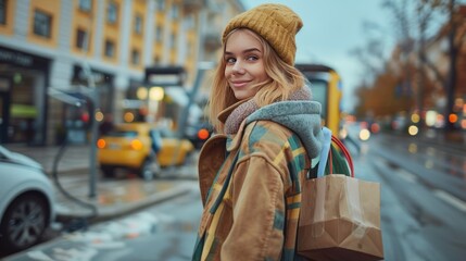 Fototapeta premium Young Woman with Shopping Bags on City Street