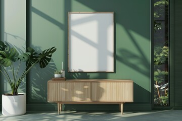 Green Wall with Wooden Cabinet and Empty Frame