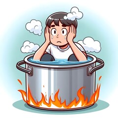 "In hot water" (idiom), a person sitting in a pot of boiling water, looking worried