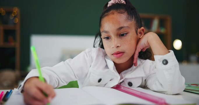 Girl, home and homework with book and pen in bedroom, child and student writing and studying or learning. Childhood, development and growth or school assessment, workbook or education for knowledge