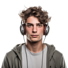 Young man immersed in contemporary enjoyment wears music headphones, expressing a connection to modern music culture and the joy it brings.