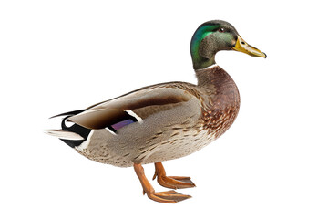 Obraz premium Beautiful close-up of a mallard duck standing on one leg with vibrant green and brown feathers against a white background.