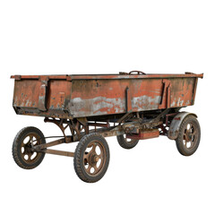 Rustic old metal trailer with four wheels, showing wear and weathering, isolated on transparent background. Suitable for vintage or rustic themes.