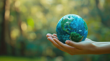 Woman's hand holds blue Earth globe against green backdrop. Ai Generated