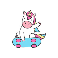 Cute unicorn playing skateboard