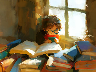A child with glasses and a curious expression, sitting in a cozy reading nook filled with books, immersed in a story, with soft light streaming through a nearby window