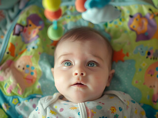 A baby with bright eyes and a soft smile, lying on a colorful blanket, surrounded by plush toys and looking up at a mobile hanging above, capturing the innocence and wonder of infancy