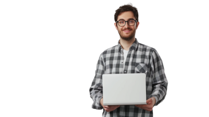 portrait of a man holding a laptop isolated on transparent background, software engine cut out