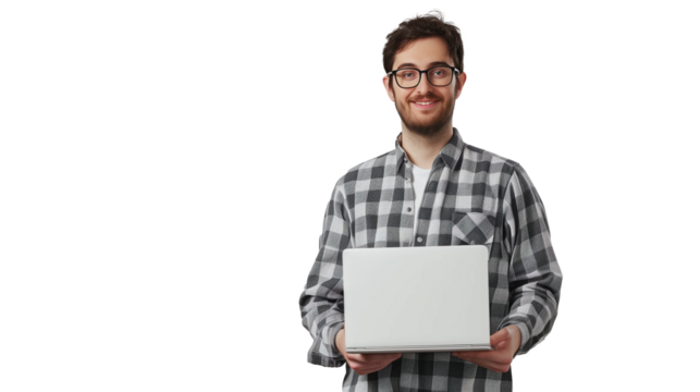portrait of a man holding a laptop isolated on transparent background, software engine cut out