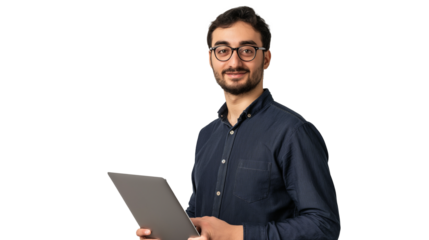 portrait of a man holding a laptop isolated on transparent background, software engine cut out