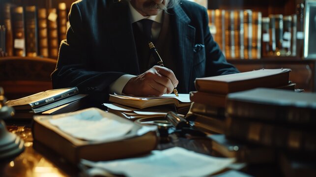 Close up of a lawyer in a suit sitting at a desk with a pile of books and documents, writing on paper to draw up paperwork, working on a case for court