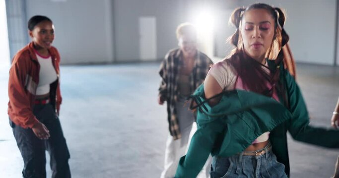 Group, dancers and woman in circle for hip hop routine, breakdance and performance with friend. Freedom, fun or celebration for talented people, freestyle or energy with motion to music entertainment