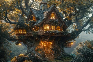 Fototapeta premium forest house fantasy trees fairy landscape home window mysterious illustration green background nature