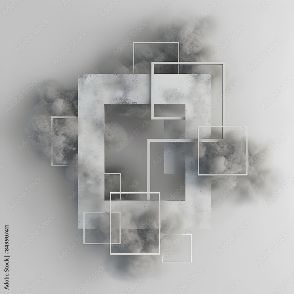 Poster ethereal geometric composition with soft fog and squares on white background