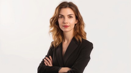 Obraz premium Woman with wavy brown hair posing with arms crossed in black blazer against white background.