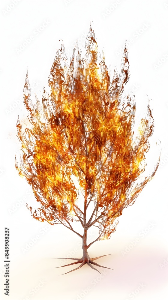 Poster fiery arboreal abstraction:3d rendered burning tree-shaped flame on isolated white background
