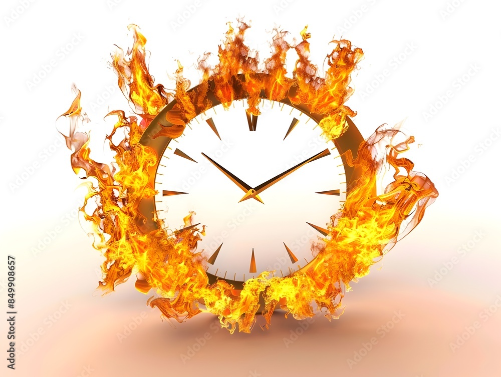Poster fiery clock face symbolizing the urgency of time on isolated white background
