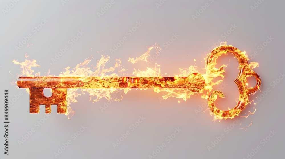 Poster fiery digital key - 3d rendered abstract flame shaped like a symbolic lock device