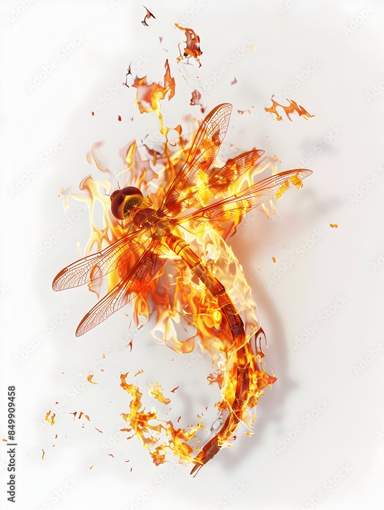 Poster fiery dragonfly: a dynamic 3d-rendered depiction of elemental power and motion