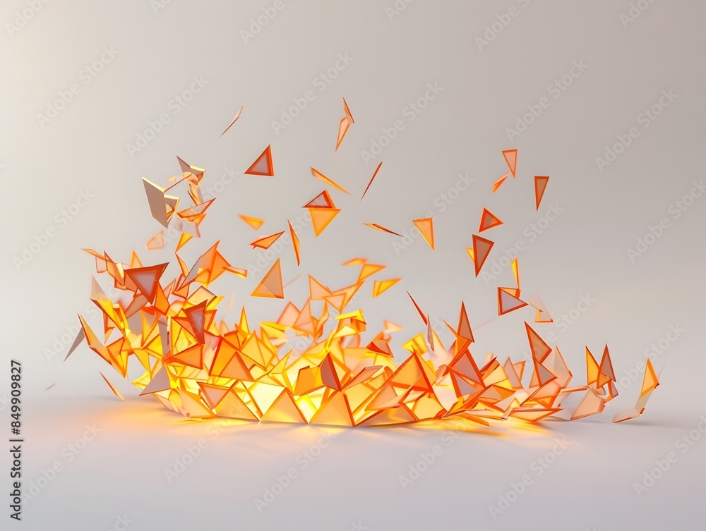 Poster fiery geometric eruption - explosive abstract triangle fractal pattern on white background