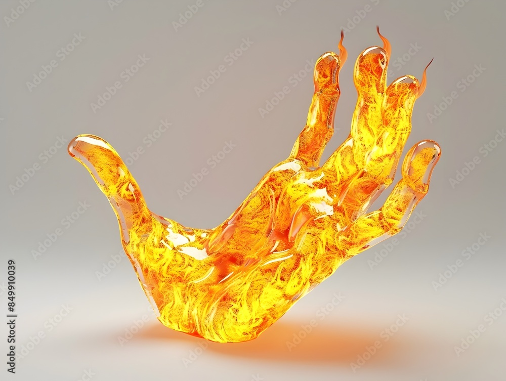 Poster fiery hand-shaped 3d rendered abstraction with flowing flames on white background