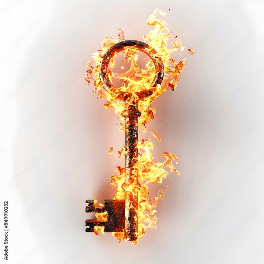 Poster fiery key - symbolic 3d rendering of burning ignition and transformation