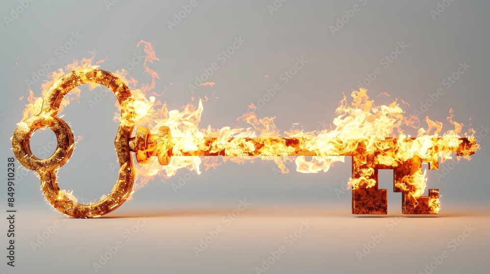 Poster fiery key - burning 3d rendered ignited object on isolated white background