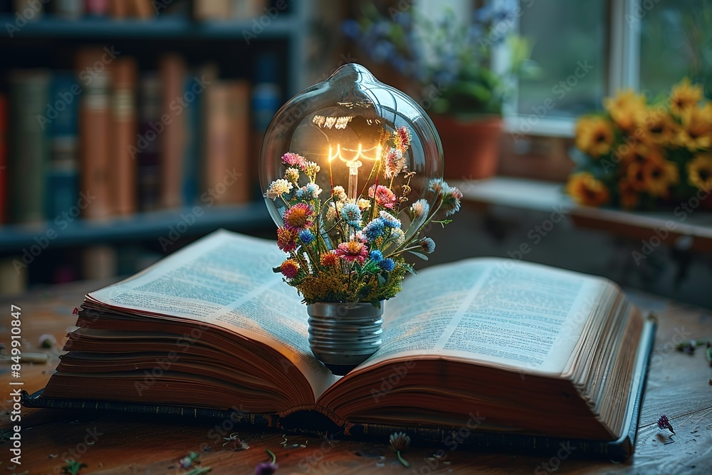 Poster lightbulb with flowers on open book getting smart and intelligent from reading book