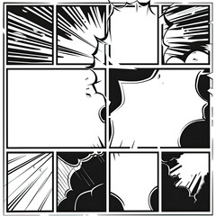 Retro black and white comic template, bold outlines, varied panel shapes, for characters, dialogue.