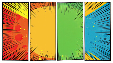 Comic book template, retro, vibrant colors, bold outlines, different shapes, unique backgrounds.