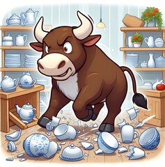 Bull in a china shop, English idiom. A bull walking through a china shop, breaking dishes.