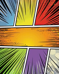 Classic comic template, bright colors, clean lines, different background styles, diverse panel layouts
