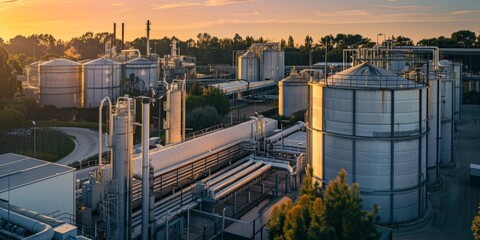 Wide shot of a modern industrial petrochemical plant, showcasing silos filled with oil and gas products under a clear sky - AI Image
