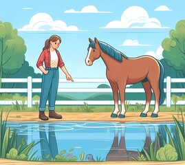 You can lead a horse to water, but you can't make it drink, English idiom. A person leading a horse to a pond, but the horse refusing to drink.