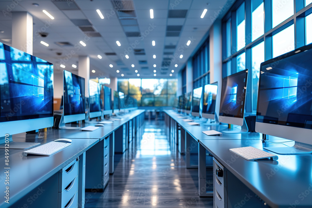 Poster modern office space with desktops with modern computers