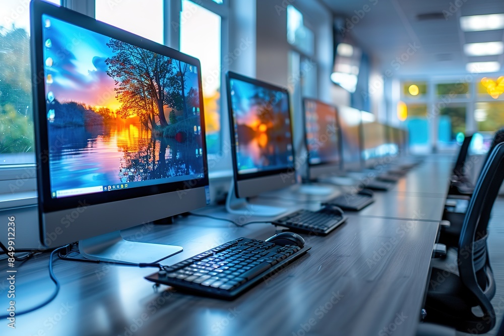 Poster a row of computer monitors are on a desk with a keyboard
