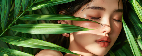 Fototapeta premium Serene Young Woman Surrounded by Lush Greenery in a Tranquil Natural Setting with Sunlight Filtering through the Leaves